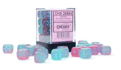 Chessex Dice CHX 26864 12mm D6 Luminary Gel Green-Pink w/ Blue Set of 36